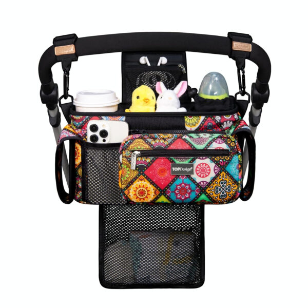 TOPDesign Universal Baby Stroller Organizer, Stroller Caddy with Detachable Mesh Bag & Heightened Insulated Cup Holders & Non-Slip Secure Hooks Accessories, Fits Most Strollers (Pink)