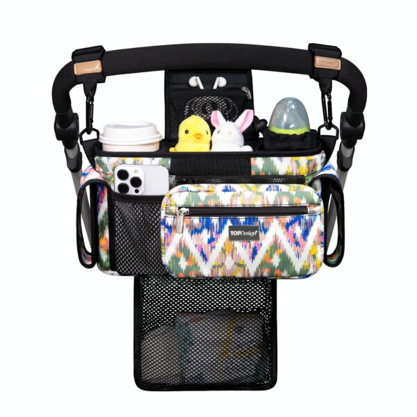 TOPDesign Universal Baby Stroller Organizer, Stroller Caddy with Detachable Mesh Bag & Heightened Insulated Cup Holders & Non-Slip Secure Hooks Accessories, Fits Most Strollers (Pink)