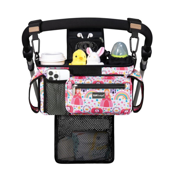 TOPDesign Universal Baby Stroller Organizer, Stroller Caddy with Detachable Mesh Bag & Heightened Insulated Cup Holders & Non-Slip Secure Hooks Accessories, Fits Most Strollers (Pink)
