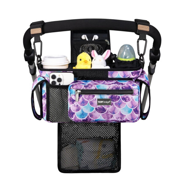 TOPDesign Universal Baby Stroller Organizer, Stroller Caddy with Detachable Mesh Bag & Heightened Insulated Cup Holders & Non-Slip Secure Hooks Accessories, Fits Most Strollers (Pink)
