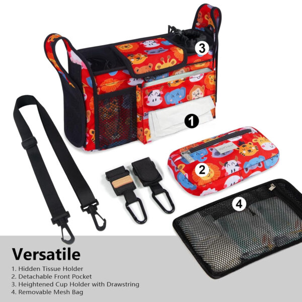 TOPDesign Universal Baby Stroller Organizer, Stroller Caddy with Detachable Mesh Bag & Heightened Insulated Cup Holders & Non-Slip Secure Hooks Accessories, Fits Most Strollers (Pink)