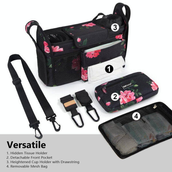 TOPDesign Universal Baby Stroller Organizer, Stroller Caddy with Detachable Mesh Bag & Heightened Insulated Cup Holders & Non-Slip Secure Hooks Accessories, Fits Most Strollers (Pink)