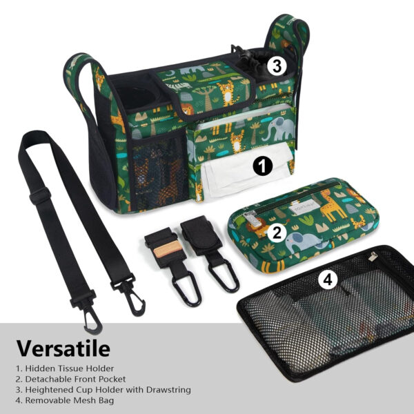 TOPDesign Universal Baby Stroller Organizer, Stroller Caddy with Detachable Mesh Bag & Heightened Insulated Cup Holders & Non-Slip Secure Hooks Accessories, Fits Most Strollers (Pink)