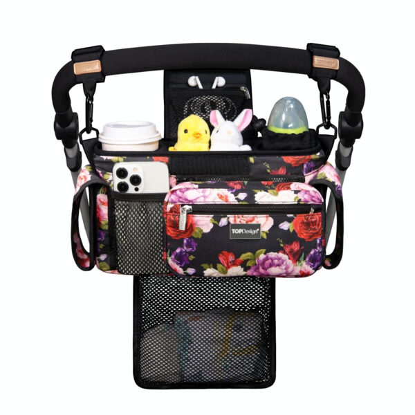 TOPDesign Universal Baby Stroller Organizer, Stroller Caddy with Detachable Mesh Bag & Heightened Insulated Cup Holders & Non-Slip Secure Hooks Accessories, Fits Most Strollers (Pink)