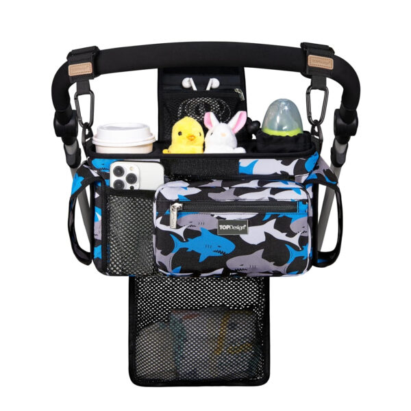 TOPDesign Universal Baby Stroller Organizer, Stroller Caddy with Detachable Mesh Bag & Heightened Insulated Cup Holders & Non-Slip Secure Hooks Accessories, Fits Most Strollers (Pink)