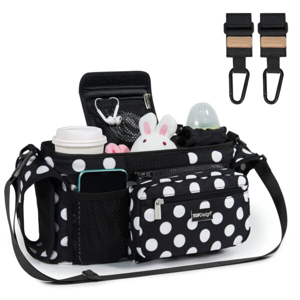 TOPDesign Universal Baby Stroller Organizer, Stroller Caddy with Detachable Mesh Bag & Heightened Insulated Cup Holders & Non-Slip Secure Hooks Accessories, Fits Most Strollers (Pink)