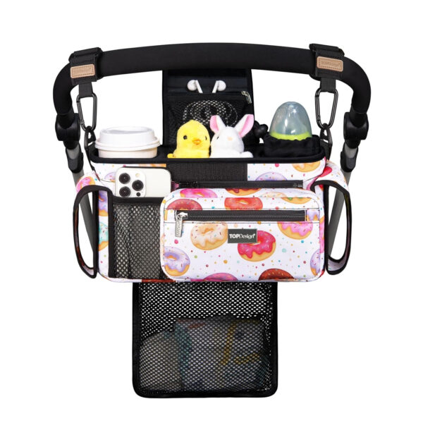TOPDesign Universal Baby Stroller Organizer, Stroller Caddy with Detachable Mesh Bag & Heightened Insulated Cup Holders & Non-Slip Secure Hooks Accessories, Fits Most Strollers (Pink)