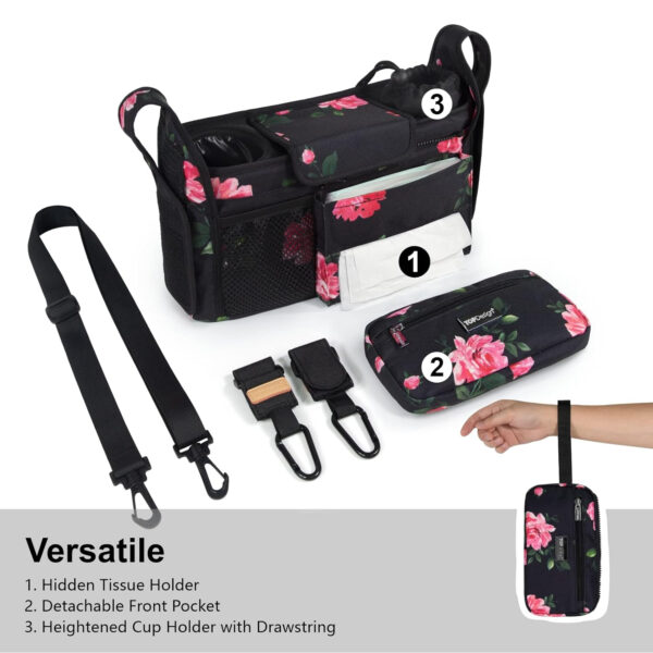 TOPDesign Universal Baby Stroller Organizer, Stroller Caddy with Detachable Mesh Bag & Heightened Insulated Cup Holders & Non-Slip Secure Hooks Accessories, Fits Most Strollers (Pink)
