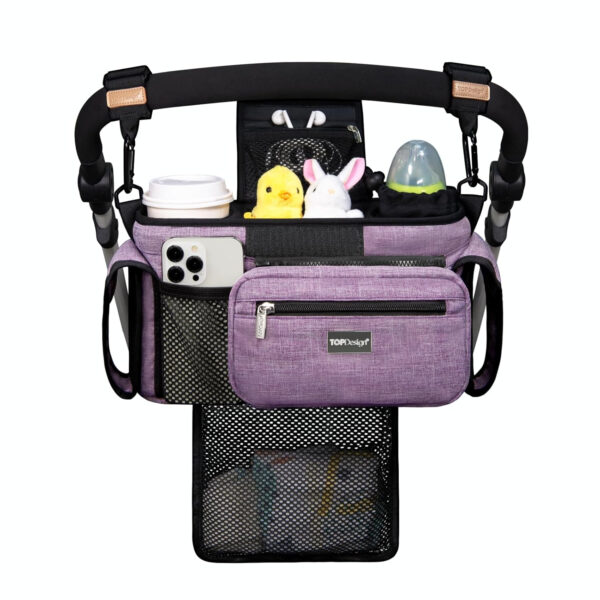 TOPDesign Universal Baby Stroller Organizer, Stroller Caddy with Detachable Mesh Bag & Heightened Insulated Cup Holders & Non-Slip Secure Hooks Accessories, Fits Most Strollers (Pink)