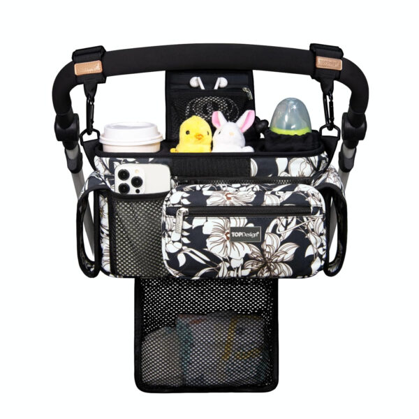 TOPDesign Universal Baby Stroller Organizer, Stroller Caddy with Detachable Mesh Bag & Heightened Insulated Cup Holders & Non-Slip Secure Hooks Accessories, Fits Most Strollers (Pink)