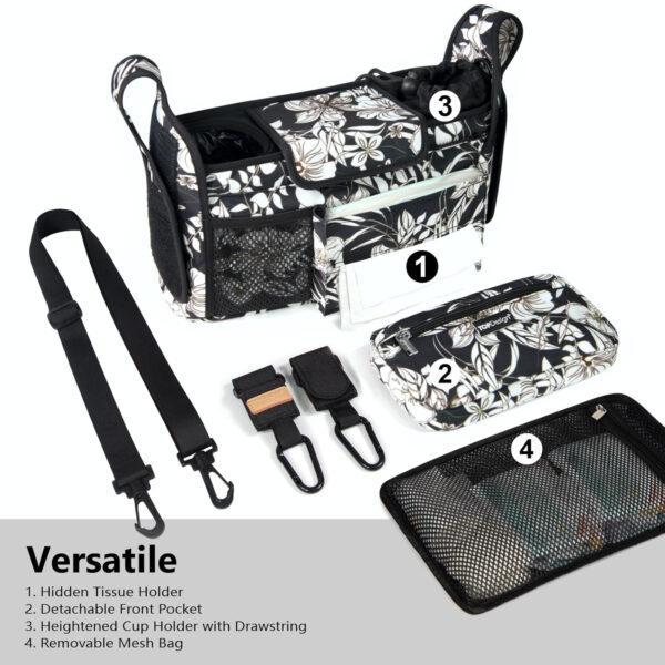 TOPDesign Universal Baby Stroller Organizer, Stroller Caddy with Detachable Mesh Bag & Heightened Insulated Cup Holders & Non-Slip Secure Hooks Accessories, Fits Most Strollers (Pink)