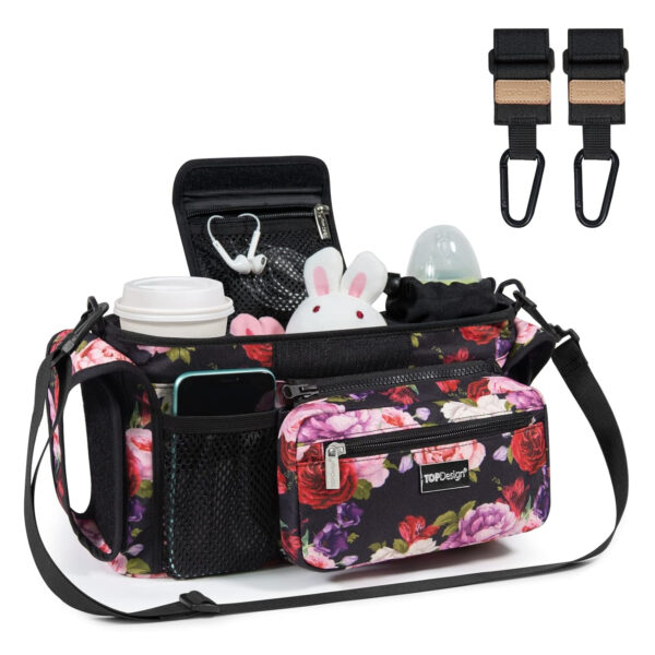 TOPDesign Universal Baby Stroller Organizer, Stroller Caddy with Detachable Mesh Bag & Heightened Insulated Cup Holders & Non-Slip Secure Hooks Accessories, Fits Most Strollers (Pink)