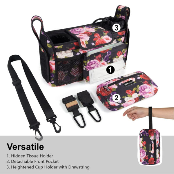 TOPDesign Universal Baby Stroller Organizer, Stroller Caddy with Detachable Mesh Bag & Heightened Insulated Cup Holders & Non-Slip Secure Hooks Accessories, Fits Most Strollers (Pink)