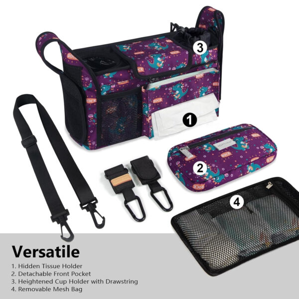 TOPDesign Universal Baby Stroller Organizer, Stroller Caddy with Detachable Mesh Bag & Heightened Insulated Cup Holders & Non-Slip Secure Hooks Accessories, Fits Most Strollers (Pink)