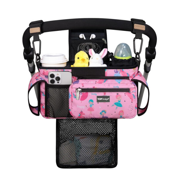 TOPDesign Universal Baby Stroller Organizer, Stroller Caddy with Detachable Mesh Bag & Heightened Insulated Cup Holders & Non-Slip Secure Hooks Accessories, Fits Most Strollers (Pink)