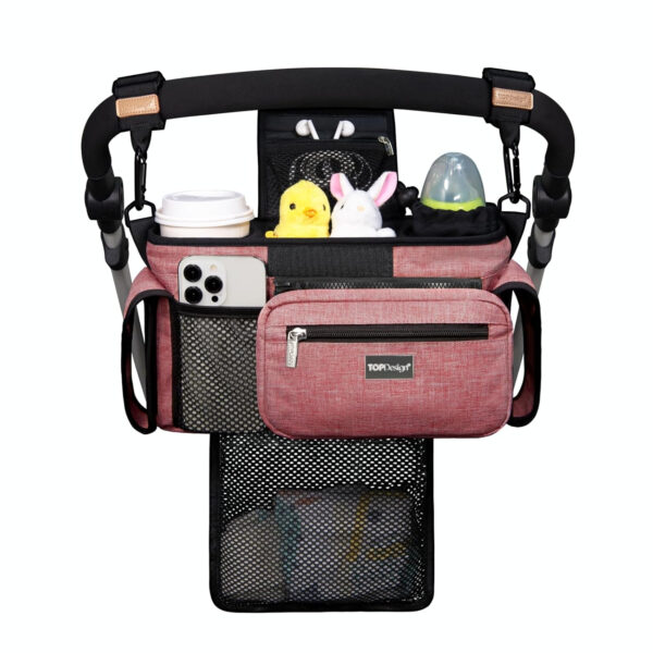 TOPDesign Universal Baby Stroller Organizer, Stroller Caddy with Detachable Mesh Bag & Heightened Insulated Cup Holders & Non-Slip Secure Hooks Accessories, Fits Most Strollers (Pink)