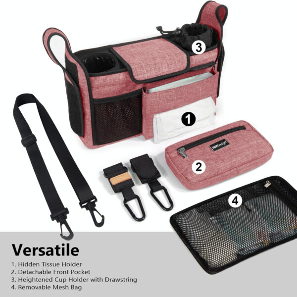 TOPDesign Universal Baby Stroller Organizer, Stroller Caddy with Detachable Mesh Bag & Heightened Insulated Cup Holders & Non-Slip Secure Hooks Accessories, Fits Most Strollers (Pink)