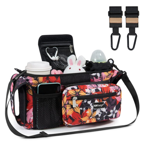 TOPDesign Universal Baby Stroller Organizer, Stroller Caddy with Detachable Mesh Bag & Heightened Insulated Cup Holders & Non-Slip Secure Hooks Accessories, Fits Most Strollers (Pink)
