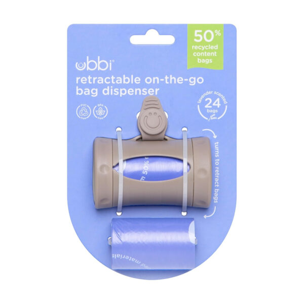 Ubbi Retractable On-the-Go Bag Dispenser for Baby Travel, Diaper Bag Accessory Must Have for Newborns, Helpful Baby Accessory, Taupe