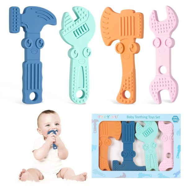 TYRY.HU Baby Teething Toys for Babies 0-6 Months 6-12 Months, BPA Free Silicone Baby Molar Teether Chew Toys, Hammer Wrench Spanner Pliers for Boys Girls, Soft-Textured, Easy to Hold & Clean, 4 Packs