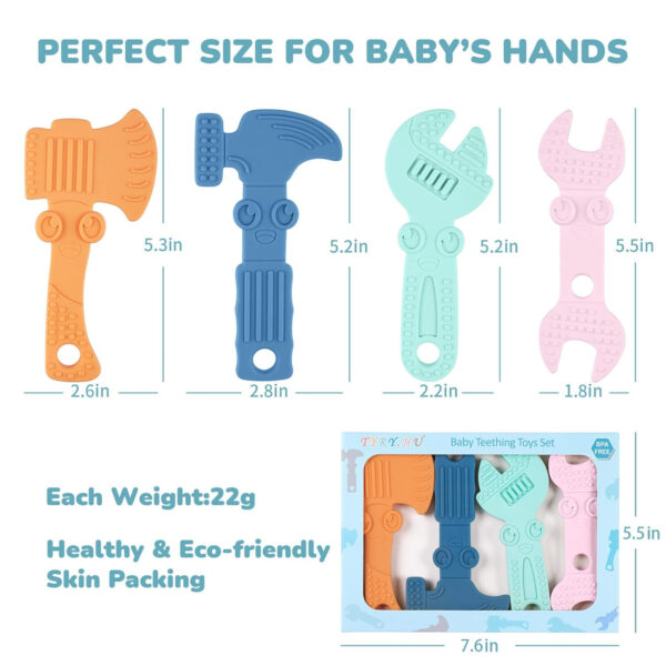 TYRY.HU Baby Teething Toys for Babies 0-6 Months 6-12 Months, BPA Free Silicone Baby Molar Teether Chew Toys, Hammer Wrench Spanner Pliers for Boys Girls, Soft-Textured, Easy to Hold & Clean, 4 Packs