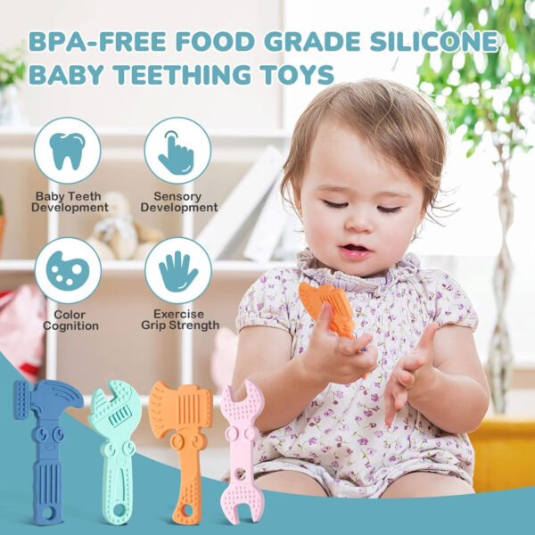 TYRY.HU Baby Teething Toys for Babies 0-6 Months 6-12 Months, BPA Free Silicone Baby Molar Teether Chew Toys, Hammer Wrench Spanner Pliers for Boys Girls, Soft-Textured, Easy to Hold & Clean, 4 Packs