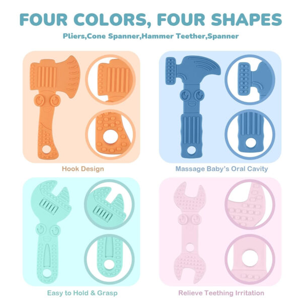 TYRY.HU Baby Teething Toys for Babies 0-6 Months 6-12 Months, BPA Free Silicone Baby Molar Teether Chew Toys, Hammer Wrench Spanner Pliers for Boys Girls, Soft-Textured, Easy to Hold & Clean, 4 Packs