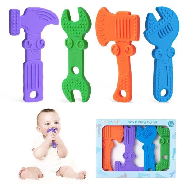 TYRY.HU Baby Teething Toys for Babies 0-6 Months 6-12 Months, BPA Free Silicone Baby Molar Teether Chew Toys, Hammer Wrench Spanner Pliers for Boys Girls, Soft-Textured, Easy to Hold & Clean, 4 Packs