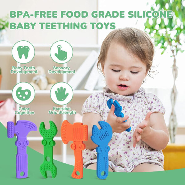 TYRY.HU Baby Teething Toys for Babies 0-6 Months 6-12 Months, BPA Free Silicone Baby Molar Teether Chew Toys, Hammer Wrench Spanner Pliers for Boys Girls, Soft-Textured, Easy to Hold & Clean, 4 Packs