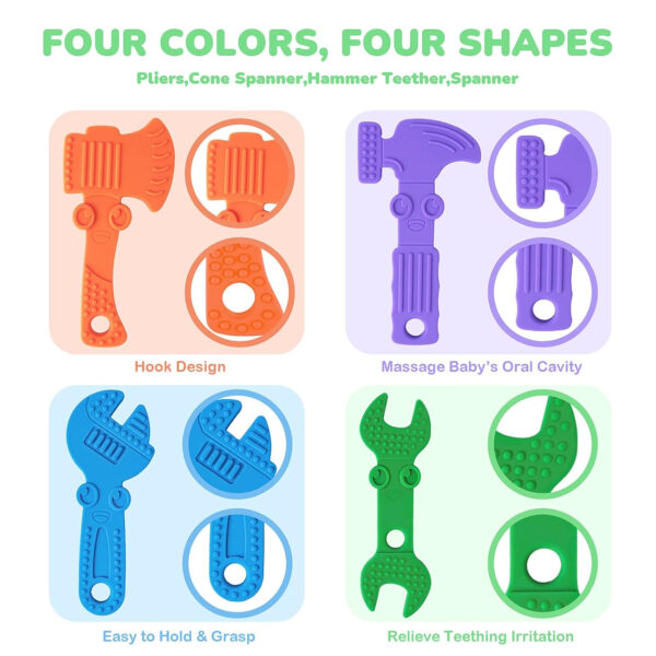 TYRY.HU Baby Teething Toys for Babies 0-6 Months 6-12 Months, BPA Free Silicone Baby Molar Teether Chew Toys, Hammer Wrench Spanner Pliers for Boys Girls, Soft-Textured, Easy to Hold & Clean, 4 Packs