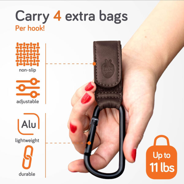 Baby Uma Stroller Hooks for Bags (2 Pack) - Universal Stroller Clips and Hooks, Non-Slip with One-Hand Opening, 11 lb Weight Capacity, Baby Travel Essential