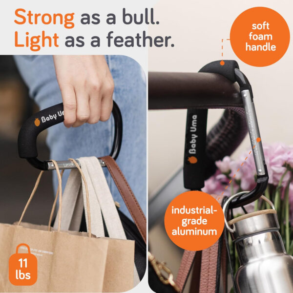 Baby Uma Stroller Hooks for Bags (2 Pack) - Universal Stroller Clips and Hooks, Non-Slip with One-Hand Opening, 11 lb Weight Capacity, Baby Travel Essential