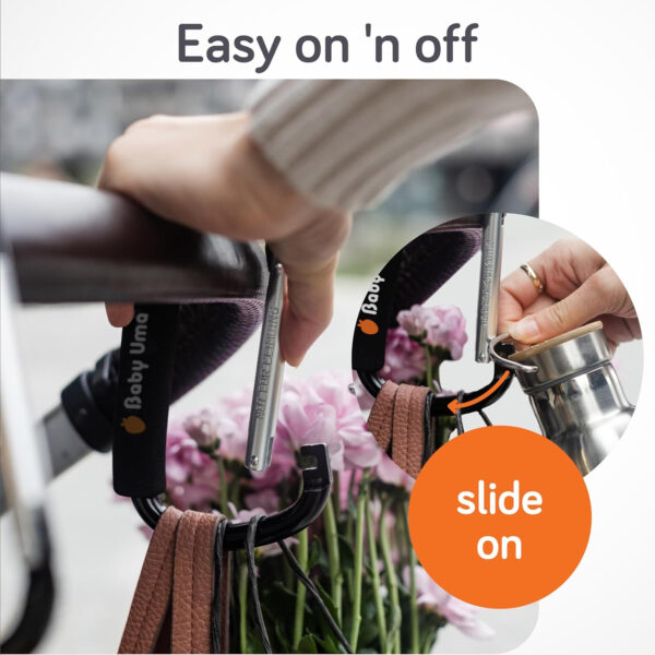 Baby Uma Stroller Hooks for Bags (2 Pack) - Universal Stroller Clips and Hooks, Non-Slip with One-Hand Opening, 11 lb Weight Capacity, Baby Travel Essential
