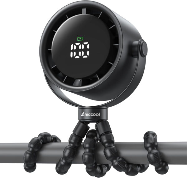 AMACOOL Baby Stroller Fan, Rechargeable Portable Clip on Fan, 17H Cooling with 5 Speeds, LED Display, 360°Rotate Personal Cooling Fans for Car Seat, Crib, Travel, Camping, Gifts for New Parents