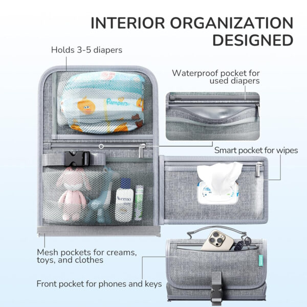 Portable Diaper Changing Pad for Baby, Detachable Travel Changing Pad with Baby Wipes Pocket, Gifts for Baby Shower, Newborn Girls and Boys (Grey)