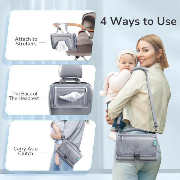 Portable Diaper Changing Pad for Baby, Detachable Travel Changing Pad with Baby Wipes Pocket, Gifts for Baby Shower, Newborn Girls and Boys (Grey)