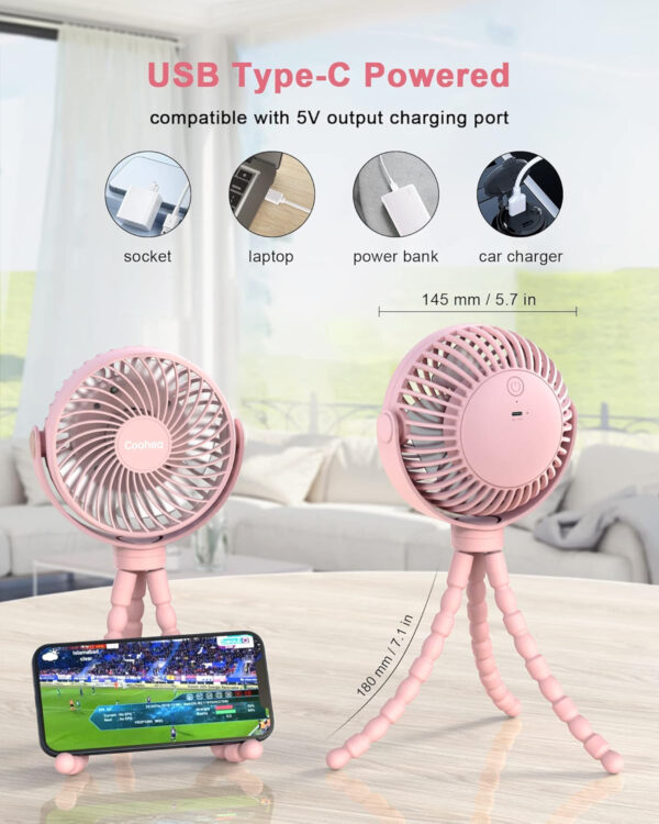 Stroller Fan Clip on for Baby, 4000mAh Rechargeable Battery Operated, Flexible Tripod, 3 Wind Speed, 360° Rotatable, Small Portable Fan for Car Seat Crib Backseat Beach Travel Camping, Pink