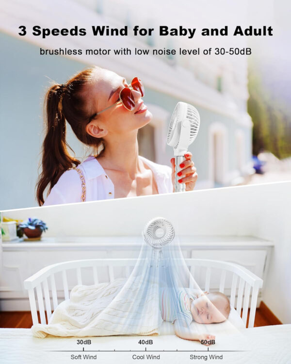 Stroller Fan Clip on for Baby, 4000mAh Rechargeable Battery Operated, Flexible Tripod, 3 Wind Speed, 360° Rotatable, Small Portable Fan for Car Seat Crib Backseat Beach Travel Camping, Pink