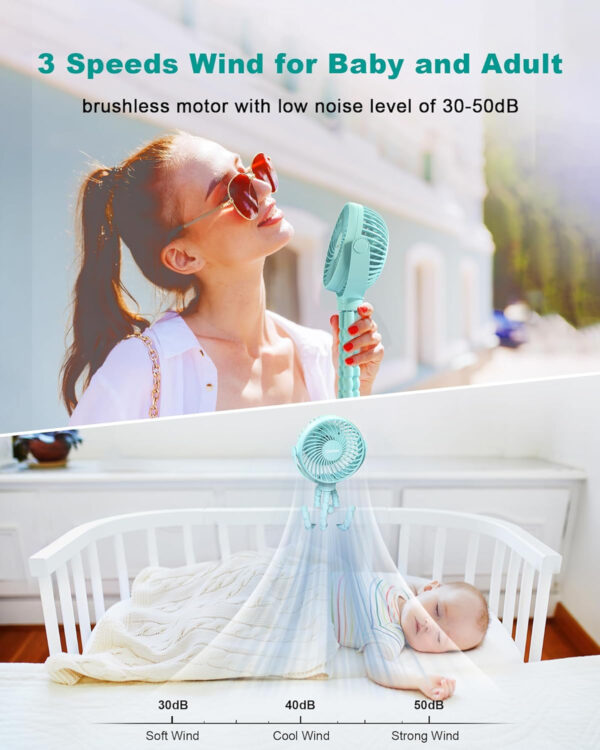 Stroller Fan Clip on for Baby, 4000mAh Rechargeable Battery Operated, Flexible Tripod, 3 Wind Speed, 360° Rotatable, Small Portable Fan for Car Seat Crib Backseat Beach Travel Camping, Pink