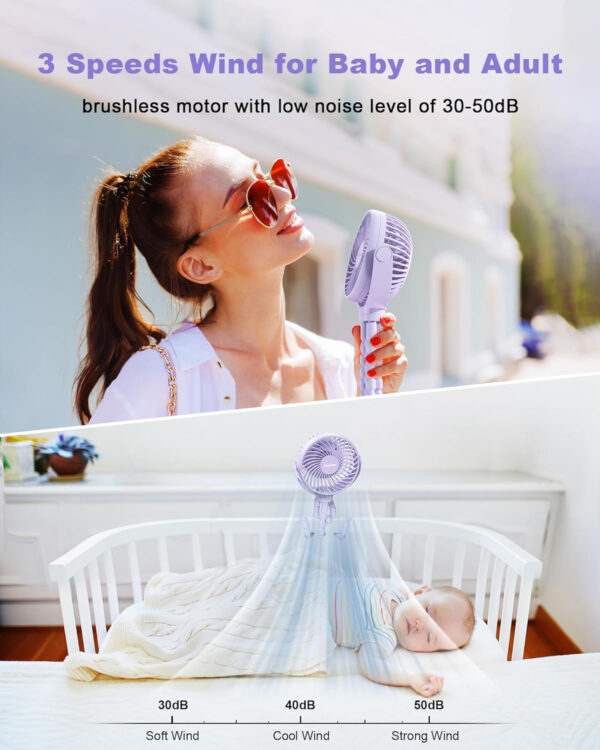 Stroller Fan Clip on for Baby, 4000mAh Rechargeable Battery Operated, Flexible Tripod, 3 Wind Speed, 360° Rotatable, Small Portable Fan for Car Seat Crib Backseat Beach Travel Camping, Pink