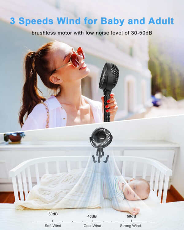 Stroller Fan Clip on for Baby, 4000mAh Rechargeable Battery Operated, Flexible Tripod, 3 Wind Speed, 360° Rotatable, Small Portable Fan for Car Seat Crib Backseat Beach Travel Camping, Pink