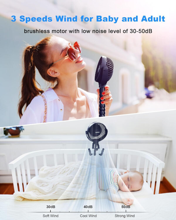 Stroller Fan Clip on for Baby, 4000mAh Rechargeable Battery Operated, Flexible Tripod, 3 Wind Speed, 360° Rotatable, Small Portable Fan for Car Seat Crib Backseat Beach Travel Camping, Pink