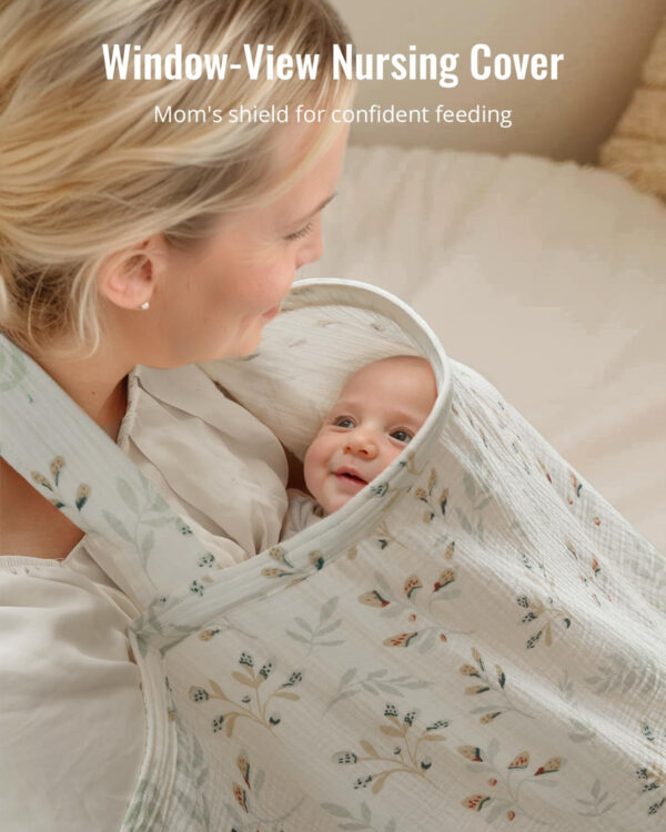 Blissful Diary Baby Car Seat Cover, Extra Large Mesh Window, Breathable Muslin Cotton, Infant Windproof Canopy, Must-Have Baby Gift - Roman Green