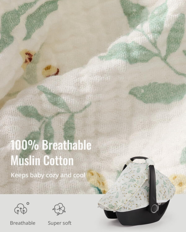 Blissful Diary Baby Car Seat Cover, Extra Large Mesh Window, Breathable Muslin Cotton, Infant Windproof Canopy, Must-Have Baby Gift - Roman Green