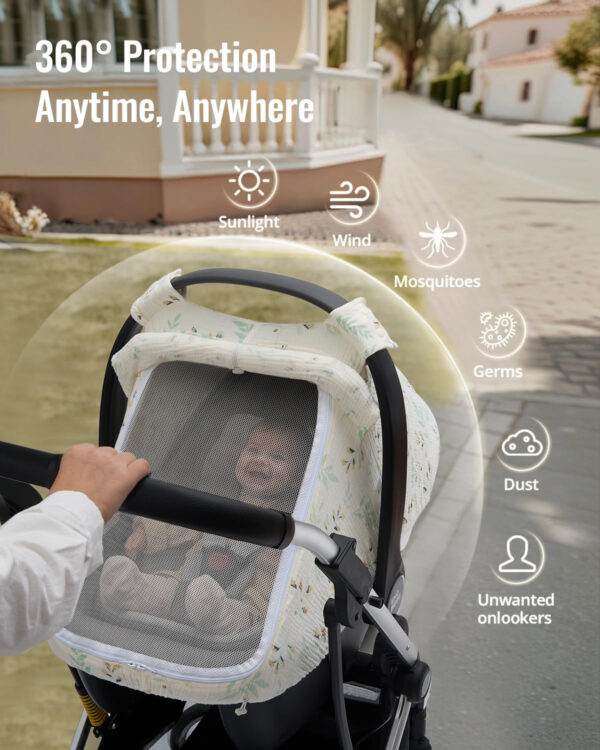 Blissful Diary Baby Car Seat Cover, Extra Large Mesh Window, Breathable Muslin Cotton, Infant Windproof Canopy, Must-Have Baby Gift - Roman Green