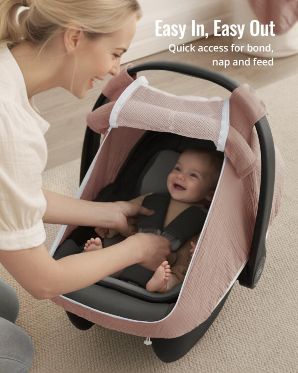 Blissful Diary Baby Car Seat Cover, Extra Large Mesh Window, Breathable Muslin Cotton, Infant Windproof Canopy, Must-Have Baby Gift - Roman Green