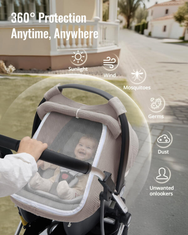 Blissful Diary Baby Car Seat Cover, Extra Large Mesh Window, Breathable Muslin Cotton, Infant Windproof Canopy, Must-Have Baby Gift - Roman Green