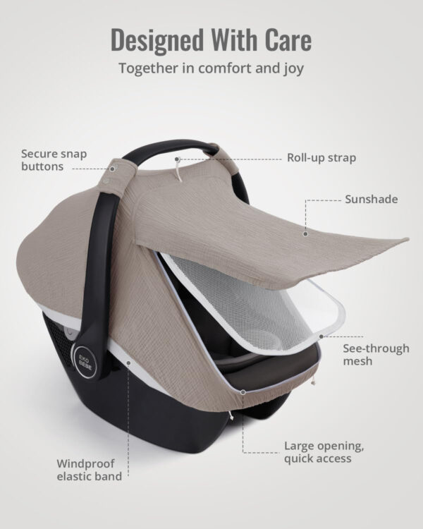 Blissful Diary Baby Car Seat Cover, Extra Large Mesh Window, Breathable Muslin Cotton, Infant Windproof Canopy, Must-Have Baby Gift - Roman Green