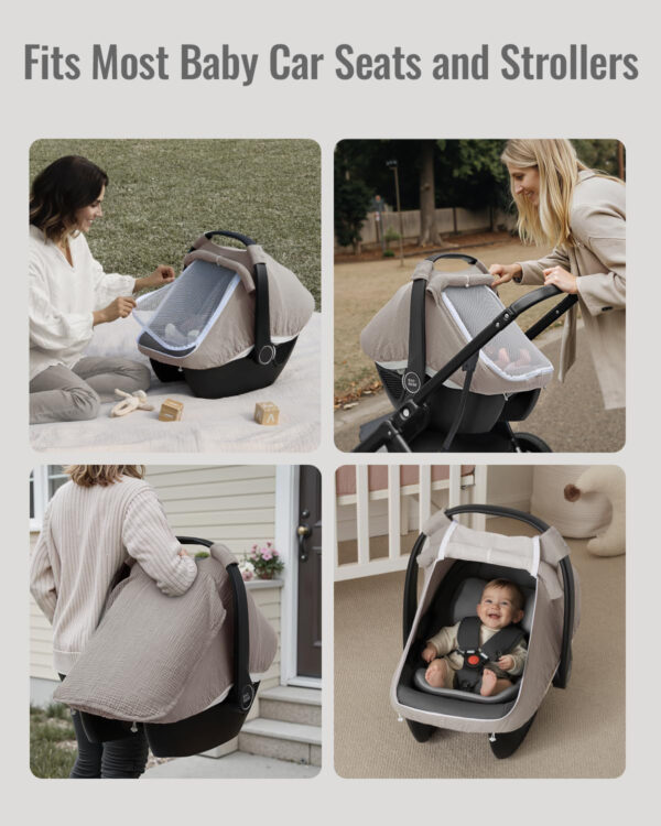 Blissful Diary Baby Car Seat Cover, Extra Large Mesh Window, Breathable Muslin Cotton, Infant Windproof Canopy, Must-Have Baby Gift - Roman Green