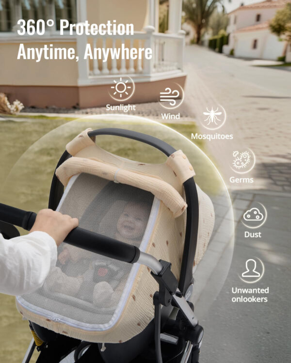 Blissful Diary Baby Car Seat Cover, Extra Large Mesh Window, Breathable Muslin Cotton, Infant Windproof Canopy, Must-Have Baby Gift - Roman Green